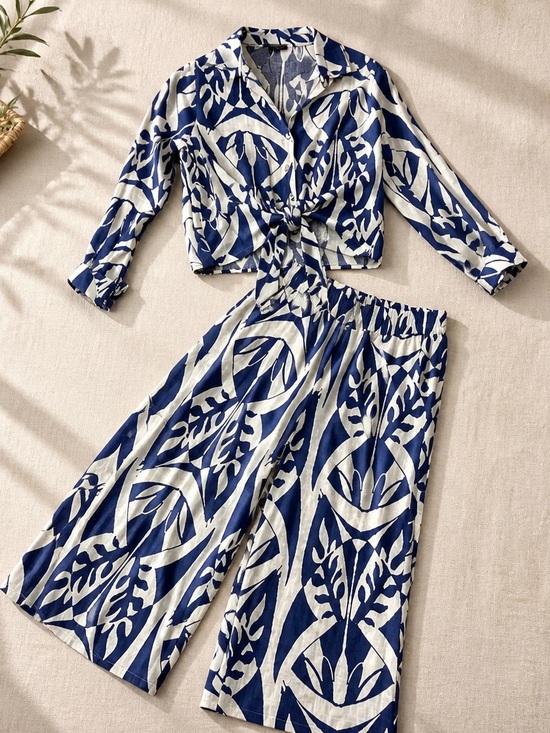 Rachel Zoe Pants - Rachel Zoe Women’s Blue & White Printed Wide-Leg Comfort Linen Jumpsuit